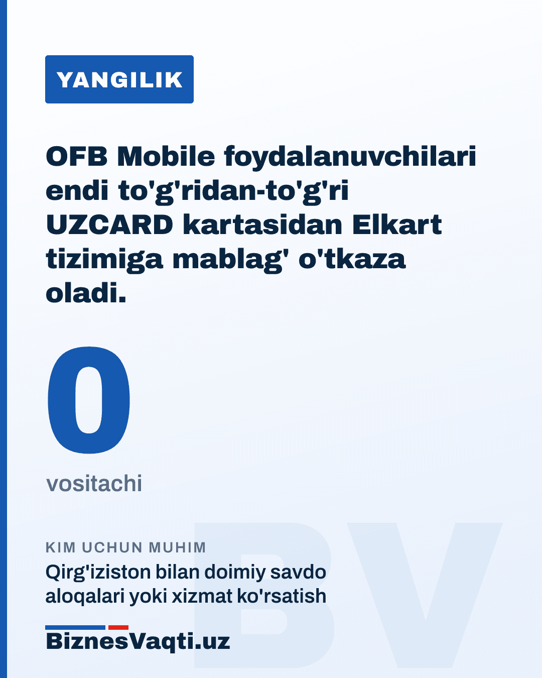 0 ta vositachi — OFB Mobile foydalanuvchilari endi to'g'ridan-to'g'ri UZCARD kartasidan Elkart tizimiga mablag' o'tkaza oladi.