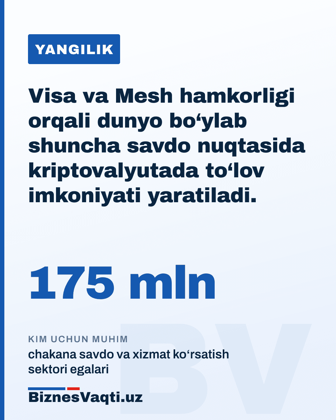 175 million — Visa va Mesh hamkorligi orqali dunyo bo‘ylab shuncha savdo nuqtasida kriptovalyutada to‘lov imkoniyati yaratiladi.