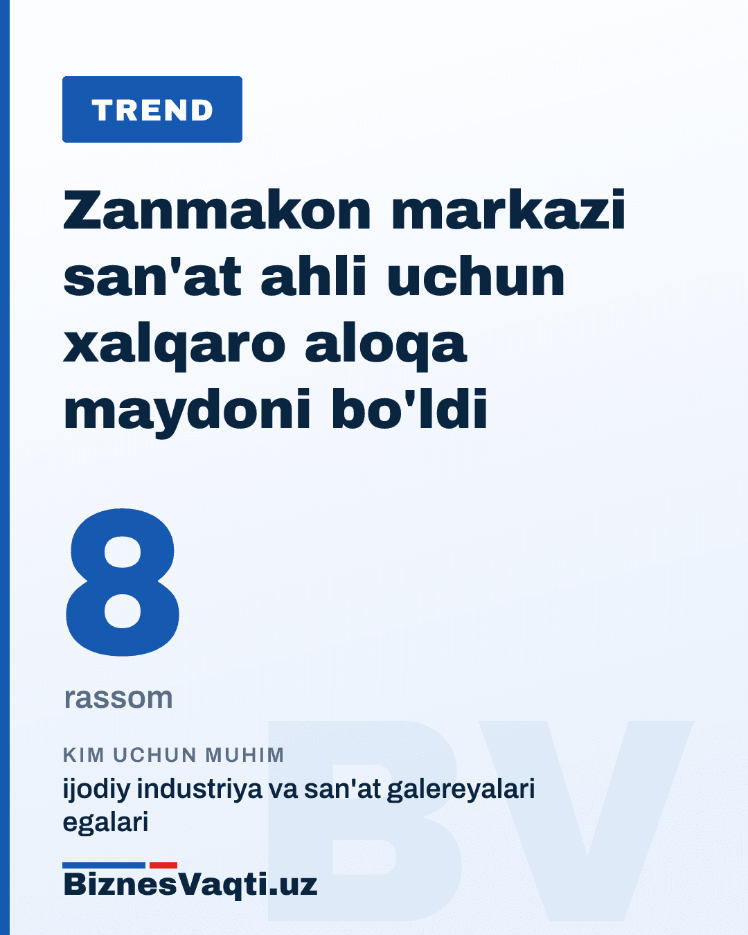 8 ta rassom — Zanmakon markazida Markaziy Osiyo badiiy muhitini shakllantiruvchi yangi muloqot maydoni.