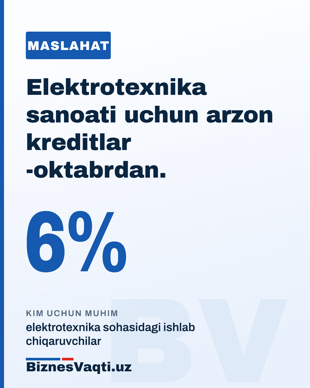 6% — elektrotexnika sanoati uchun arzon kreditlar 1-oktabrdan.