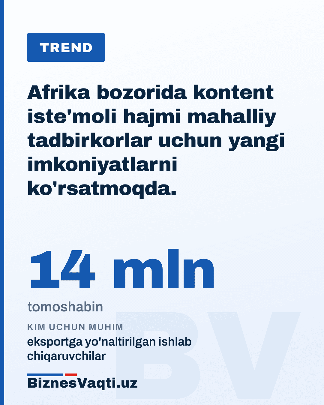 14 mln tomoshabin — Afrika bozorida kontent iste'moli hajmi mahalliy tadbirkorlar uchun yangi imkoniyatlarni ko'rsatmoqda.