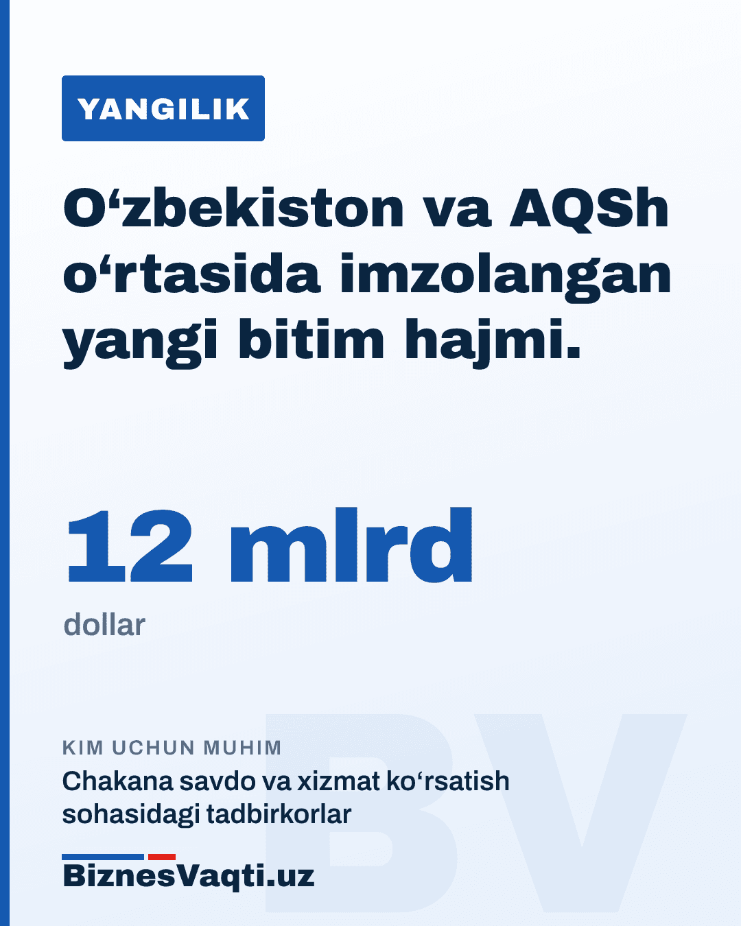 12 mlrd dollar — O‘zbekiston va AQSh o‘rtasida imzolangan 54 ta yangi bitim hajmi.