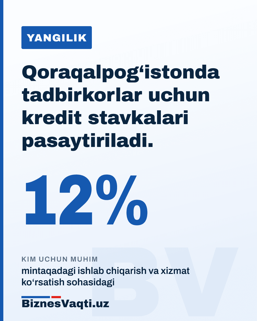 12% — Qoraqalpog‘istonda tadbirkorlar uchun kredit stavkalari pasaytiriladi.