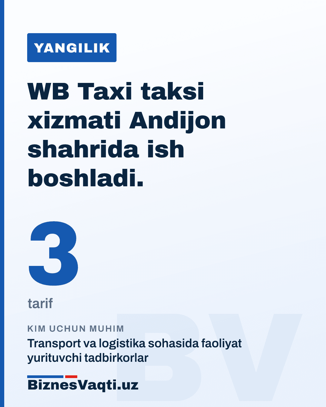3 ta tarif — WB Taxi taksi xizmati Andijon shahrida ish boshladi.