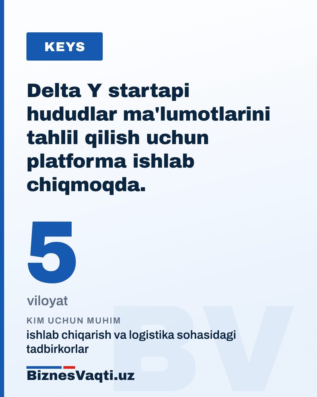 5 ta viloyat — Delta Y startapi hududlar ma'lumotlarini tahlil qilish uchun platforma ishlab chiqmoqda.
