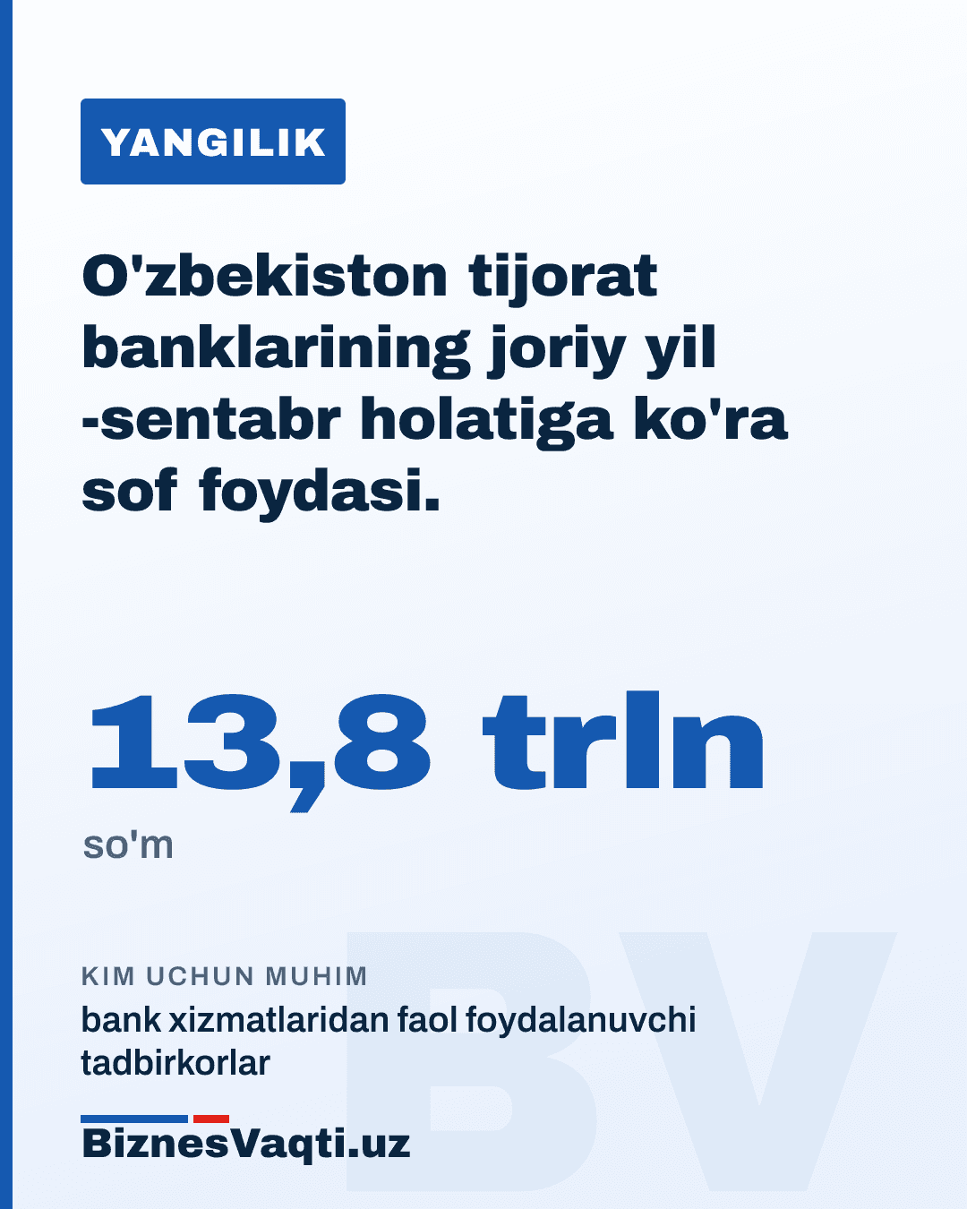13,8 trln so'm — O'zbekiston tijorat banklarining joriy yil 1-sentabr holatiga ko'ra sof foydasi.