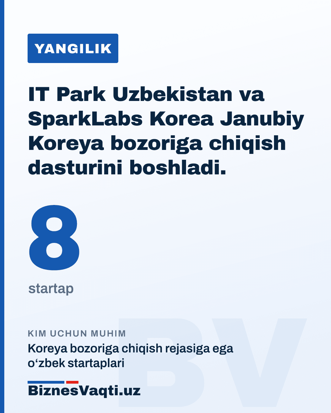 8 ta startap — IT Park Uzbekistan va SparkLabs Korea Janubiy Koreya bozoriga chiqish dasturini boshladi.