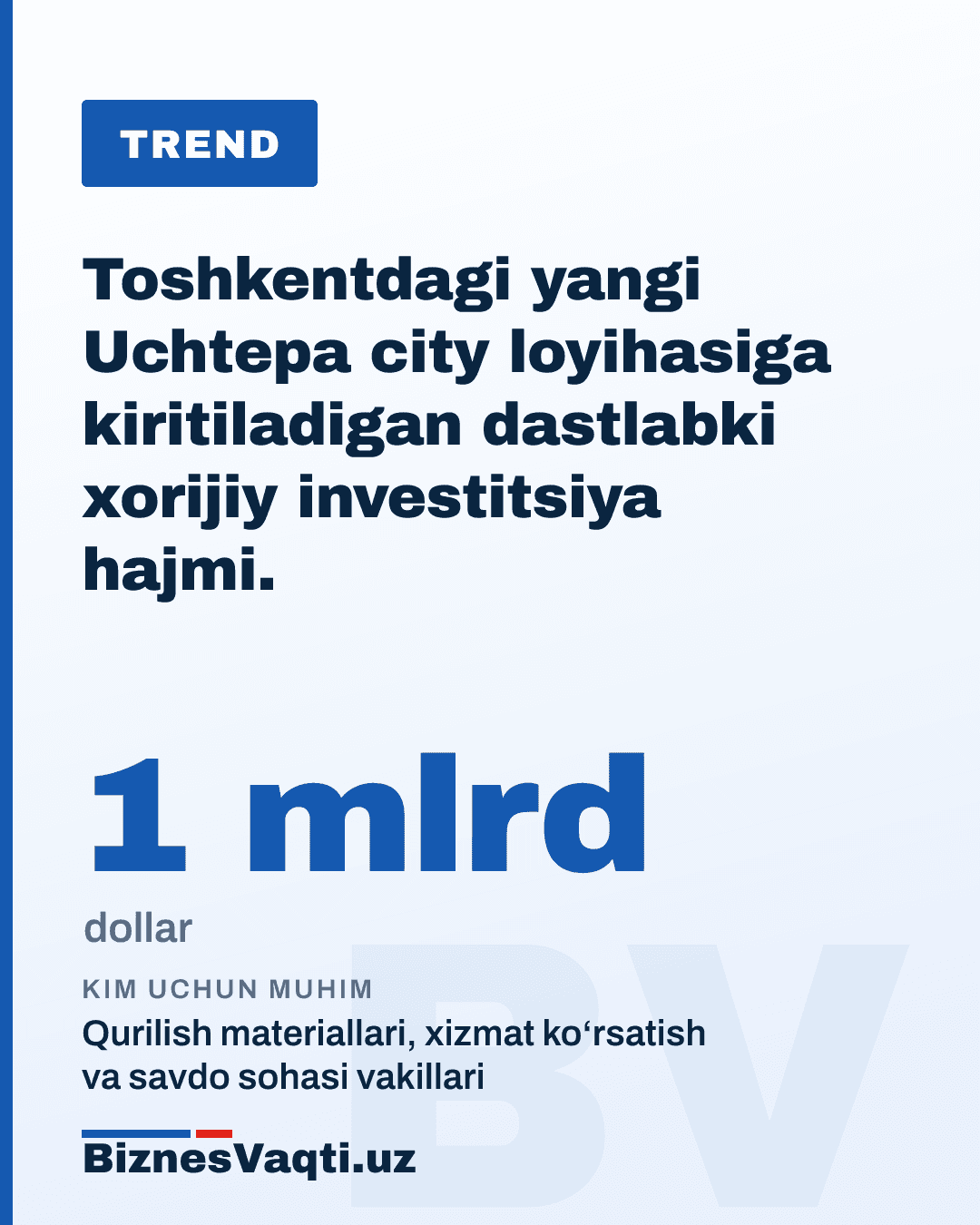 1 mlrd dollar — Toshkentdagi yangi Uchtepa city loyihasiga kiritiladigan dastlabki xorijiy investitsiya hajmi.