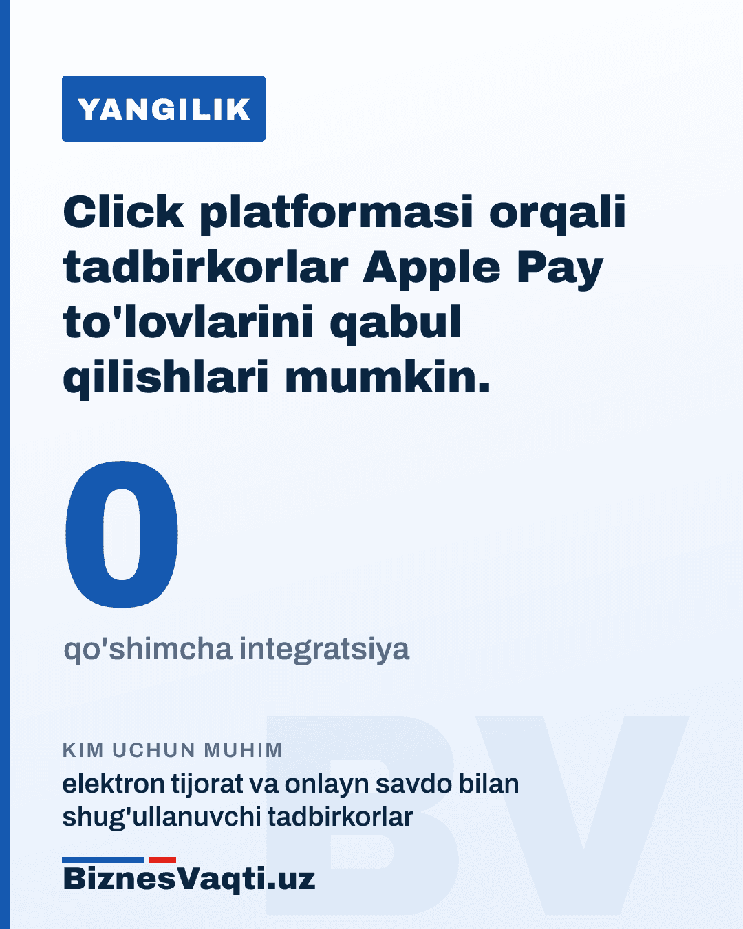 0 ta qo'shimcha integratsiya — Click platformasi orqali tadbirkorlar Apple Pay to'lovlarini qabul qilishlari mumkin.