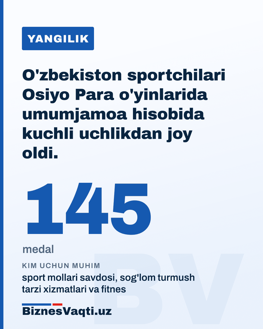 145 ta medal — O'zbekiston sportchilari 2026-yilgi Osiyo Para o'yinlarida umumjamoa hisobida kuchli uchlikdan joy oldi.