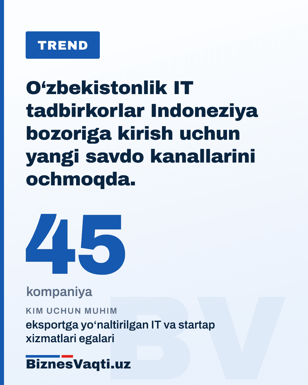 45 ta kompaniya — O‘zbekistonlik IT tadbirkorlar Indoneziya bozoriga kirish uchun yangi savdo kanallarini ochmoqda.