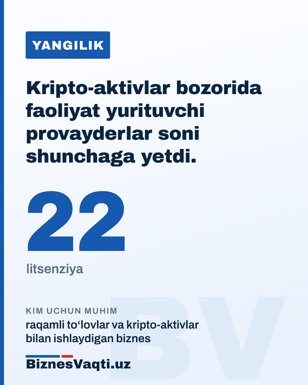 22 ta litsenziya — kripto-aktivlar bozorida faoliyat yurituvchi provayderlar soni shunchaga yetdi.