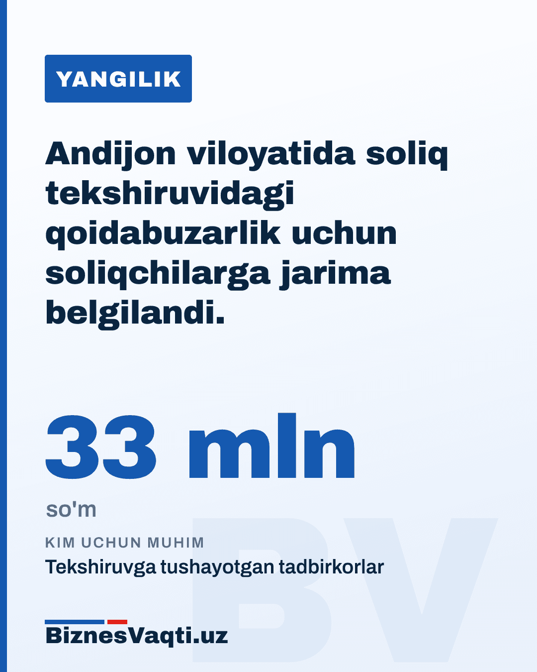 33 mln so'm — Andijon viloyatida soliq tekshiruvidagi qoidabuzarlik uchun soliqchilarga jarima belgilandi.