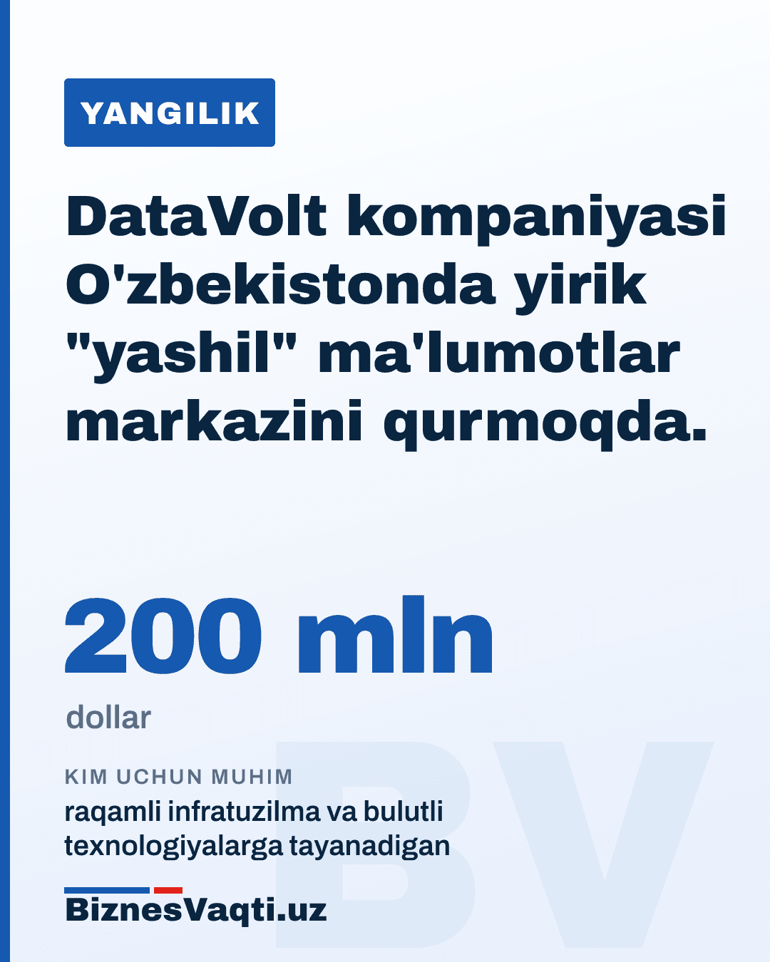 200 mln dollar — DataVolt kompaniyasi O'zbekistonda yirik "yashil" ma'lumotlar markazini qurmoqda.