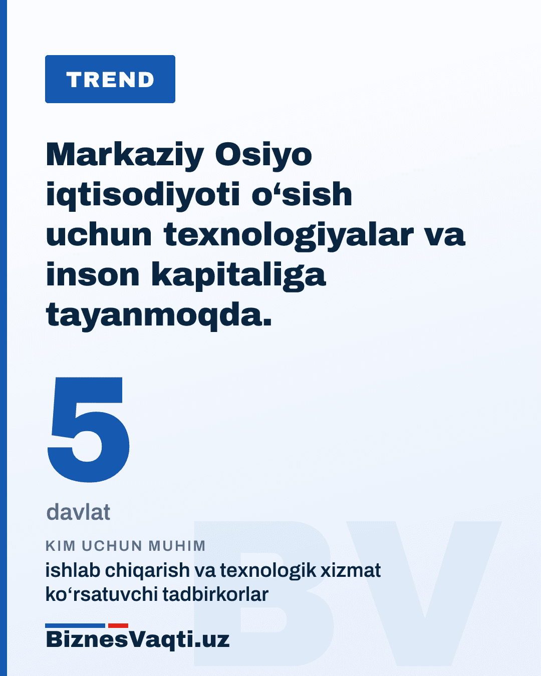 5 ta davlat — Markaziy Osiyo iqtisodiyoti o‘sish uchun texnologiyalar va inson kapitaliga tayanmoqda.