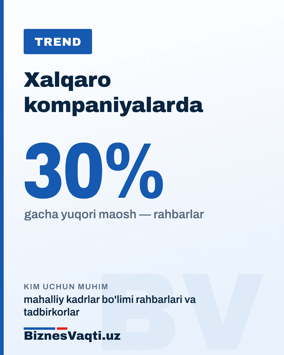 Xalqaro kompaniyalarda 25-30% gacha yuqori maosh — rahbarlar va yuqori malakali mutaxassislar uchun xalqaro darajadagi ish beruvchilar mahalliy korxonalarga qaraganda ancha yuqori oylik taklif qilishmoqda.