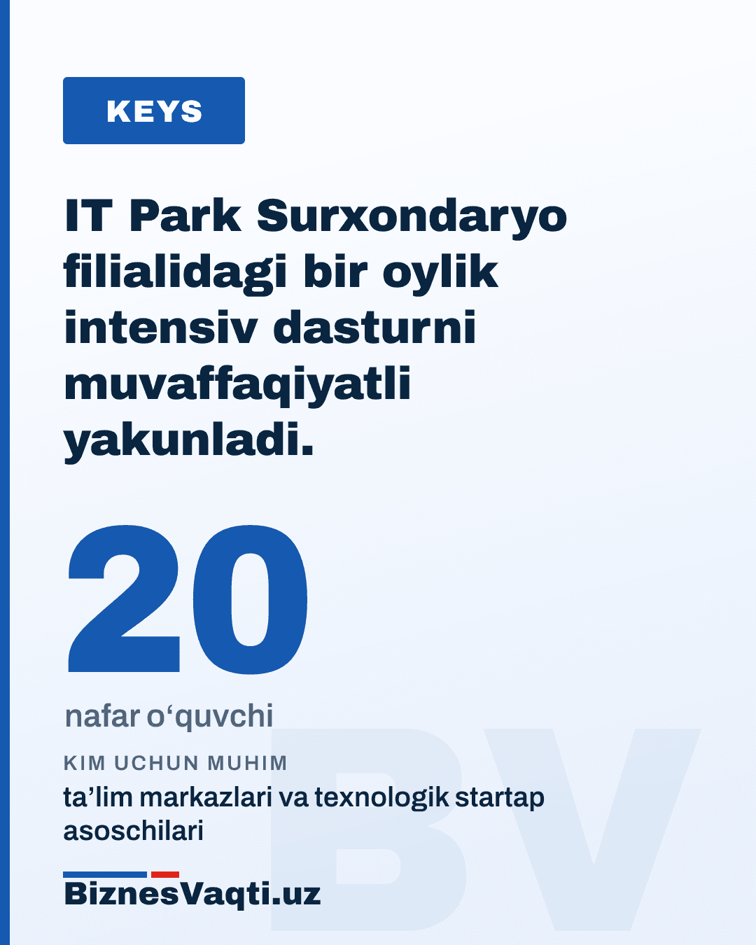 20 nafar o‘quvchi — IT Park Surxondaryo filialidagi bir oylik intensiv dasturni muvaffaqiyatli yakunladi.