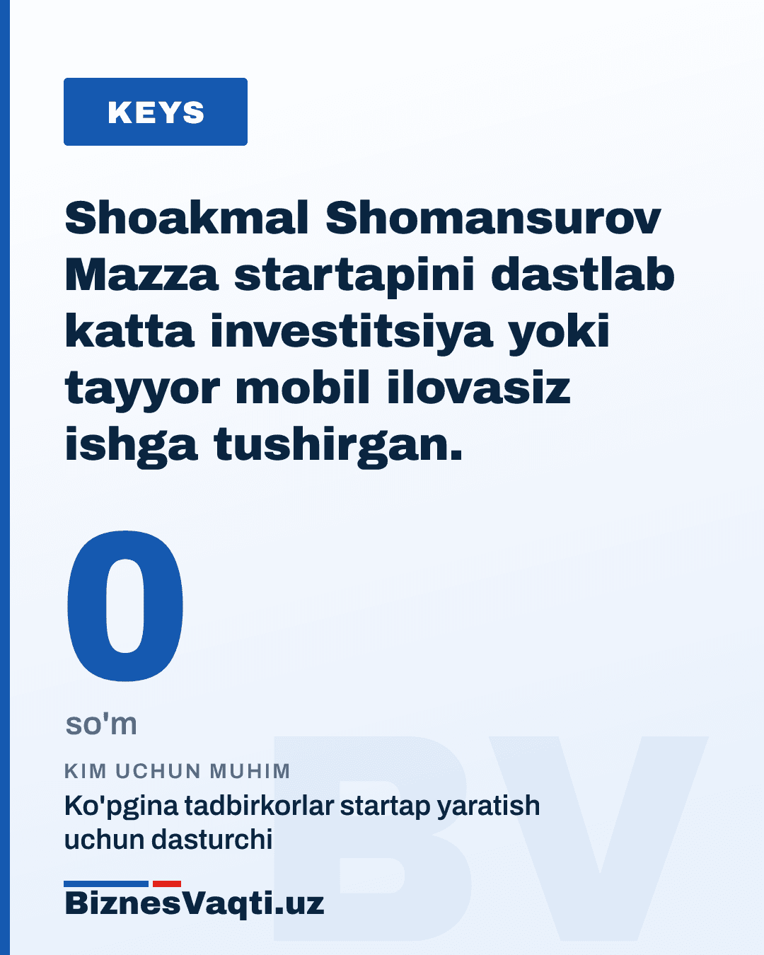 0 so'm — Shoakmal Shomansurov Mazza startapini dastlab katta investitsiya yoki tayyor mobil ilovasiz ishga tushirgan.