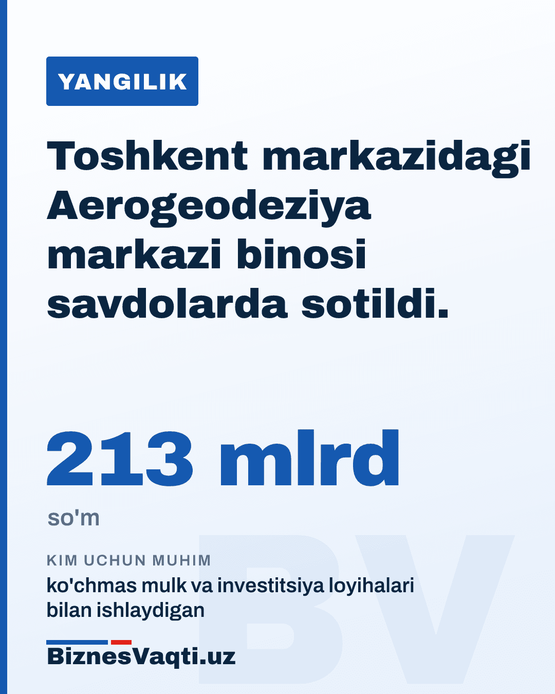 213 mlrd so'm — Toshkent markazidagi Aerogeodeziya markazi binosi savdolarda sotildi.