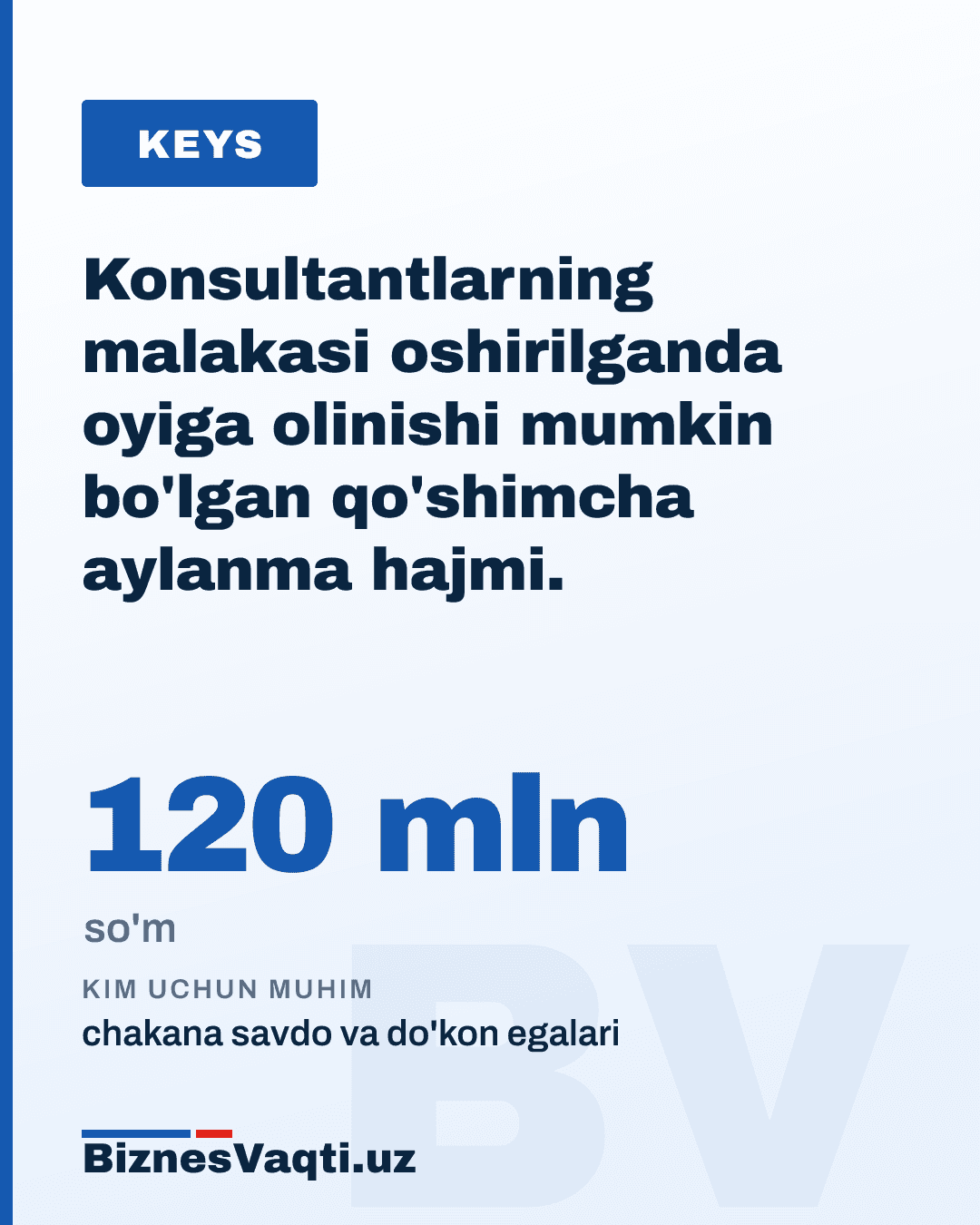 120 mln so'm — konsultantlarning malakasi oshirilganda oyiga olinishi mumkin bo'lgan qo'shimcha aylanma hajmi.