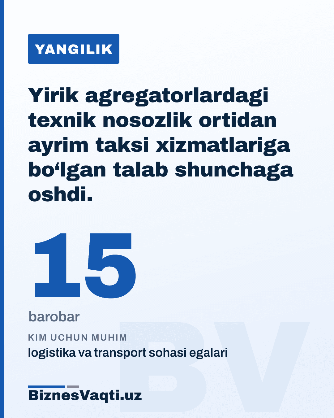 15 barobar — yirik agregatorlardagi texnik nosozlik ortidan ayrim taksi xizmatlariga bo‘lgan talab shunchaga oshdi.