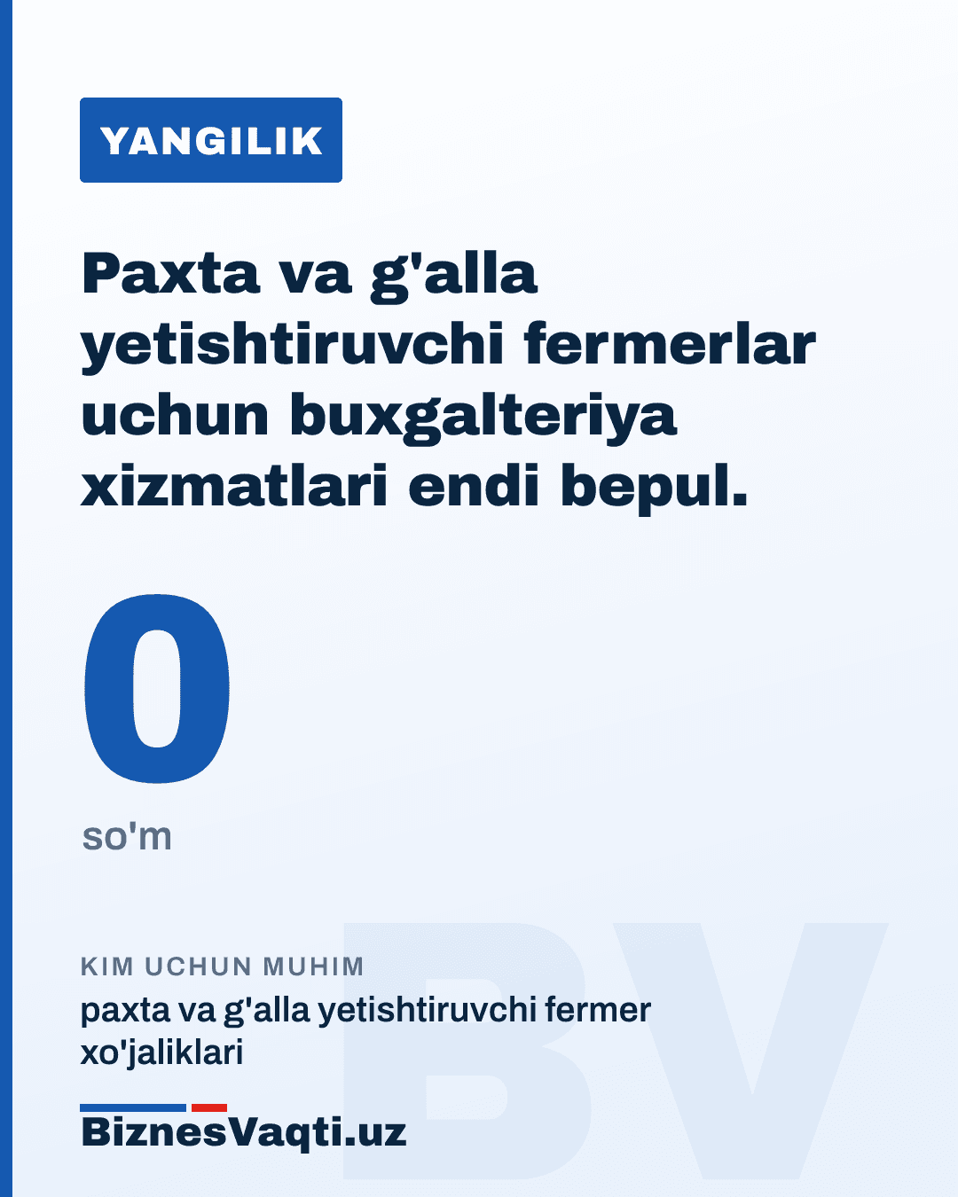 0 so'm — paxta va g'alla yetishtiruvchi fermerlar uchun buxgalteriya xizmatlari endi bepul.