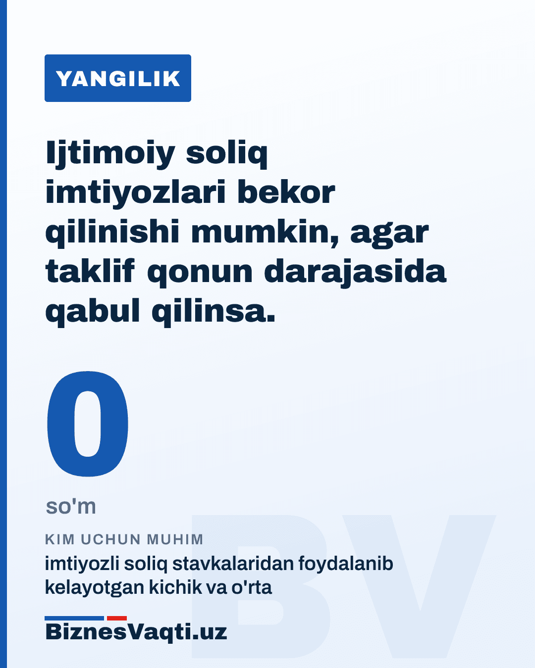 0 so'm — ijtimoiy soliq imtiyozlari bekor qilinishi mumkin, agar taklif qonun darajasida qabul qilinsa.