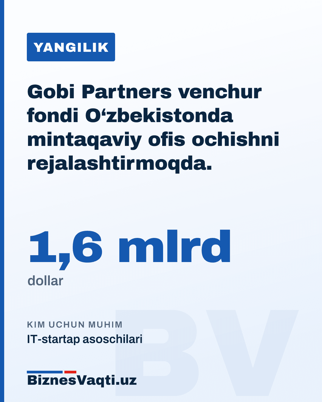 1,6 mlrd dollar — Gobi Partners venchur fondi O‘zbekistonda mintaqaviy ofis ochishni rejalashtirmoqda.