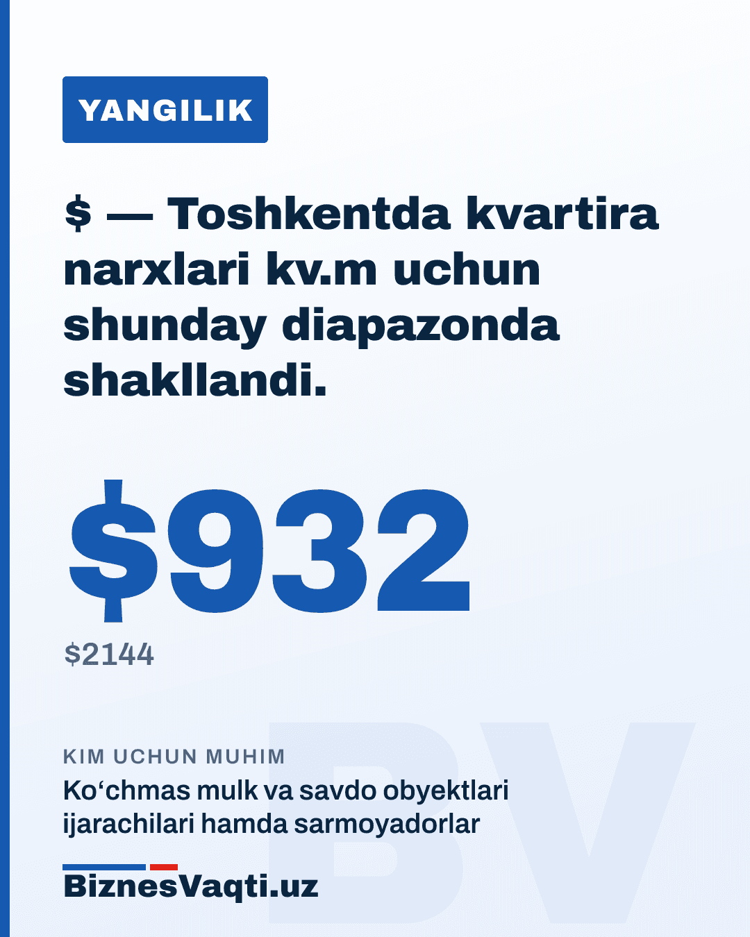 $932–$2144 — Toshkentda kvartira narxlari 1 kv.m uchun shunday diapazonda shakllandi.