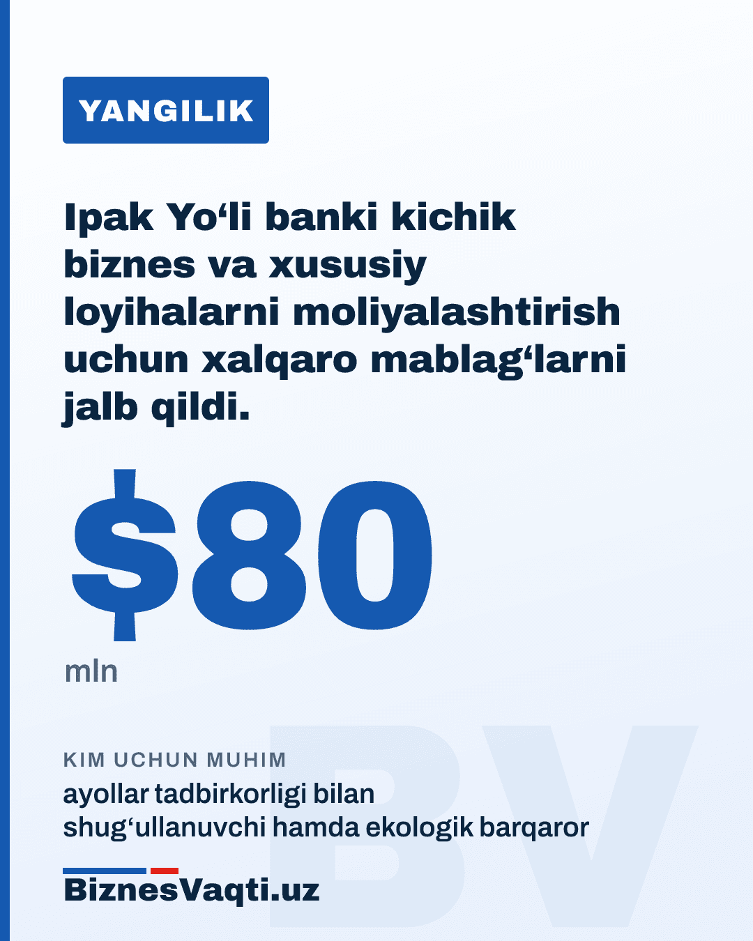 $80 mln — Ipak Yo‘li banki kichik biznes va xususiy loyihalarni moliyalashtirish uchun xalqaro mablag‘larni jalb qildi.