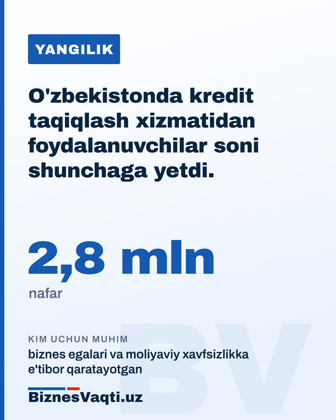 2,8 mln nafar — O'zbekistonda kredit taqiqlash xizmatidan foydalanuvchilar soni shunchaga yetdi.