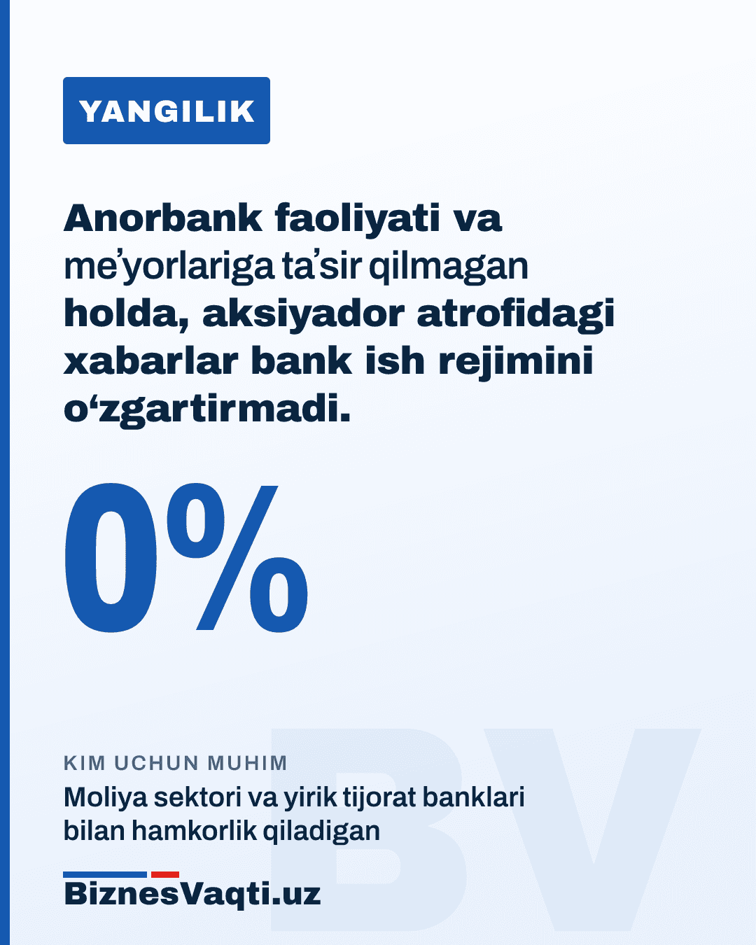 0% — Anorbank faoliyati va meʼyorlariga taʼsir qilmagan holda, aksiyador atrofidagi xabarlar bank ish rejimini o‘zgartirmadi.