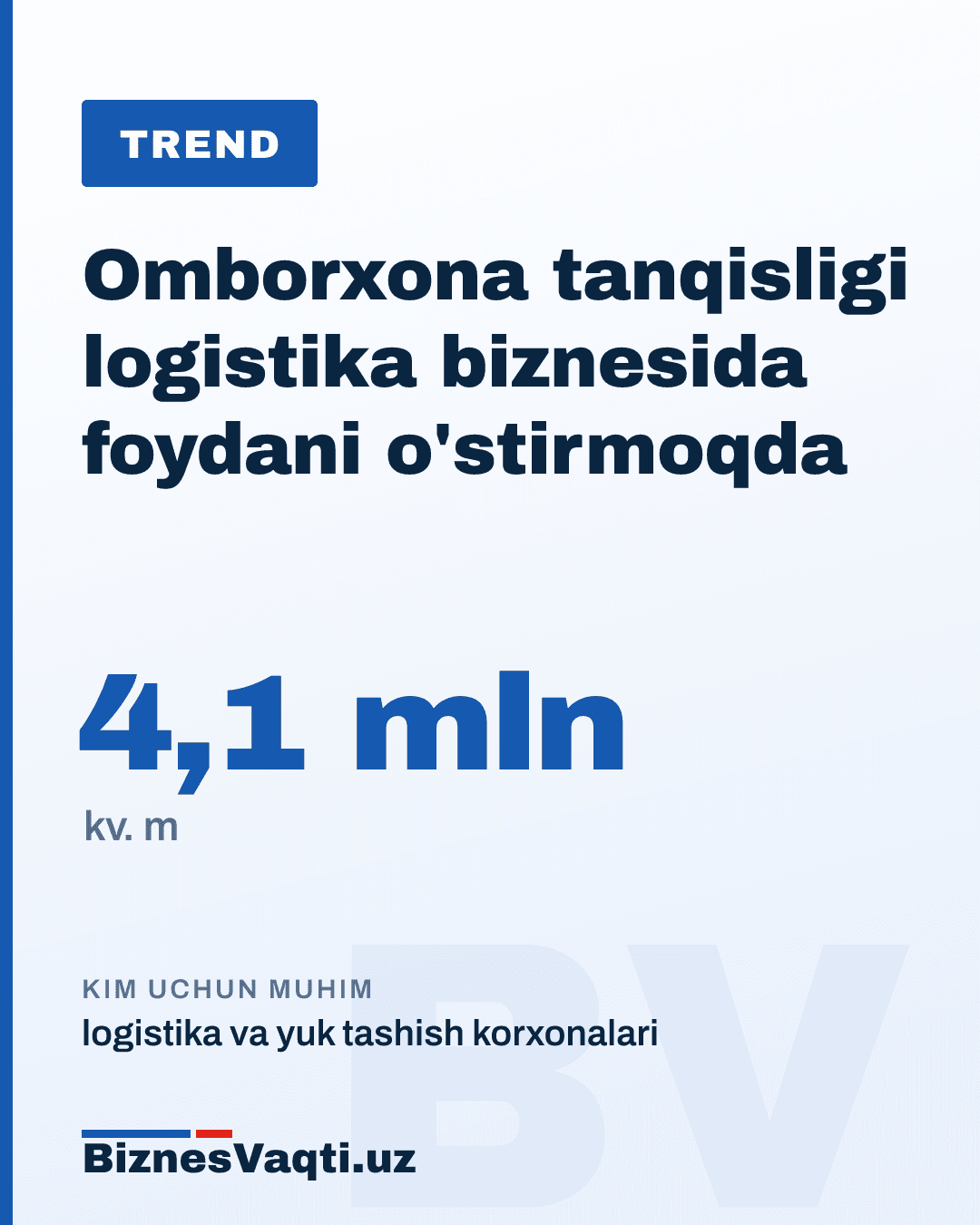 4,1 mln kv. m — logistika sohasidagi omborxonalarga bo'lgan taxminiy talab, amaldagi yetishmovchilik esa yuqori.