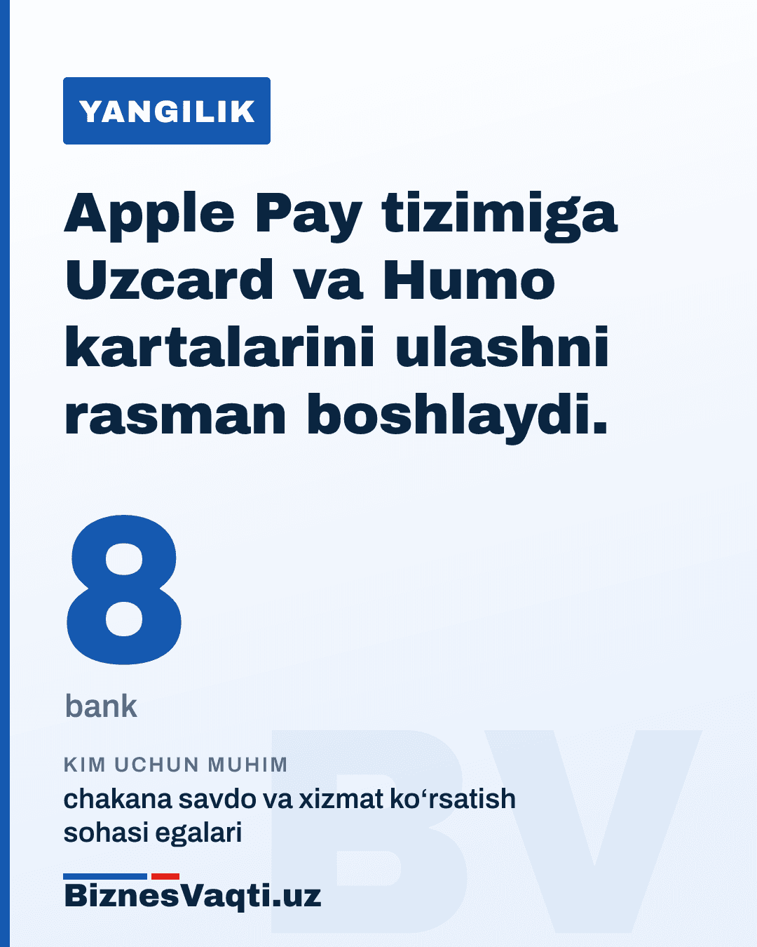 8 ta bank — Apple Pay tizimiga Uzcard va Humo kartalarini ulashni rasman boshlaydi.