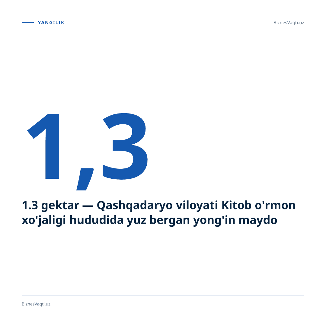 1.3 gektar — Qashqadaryo viloyati Kitob o'rmon xo'jaligi hududida yuz bergan yong'in maydoni.