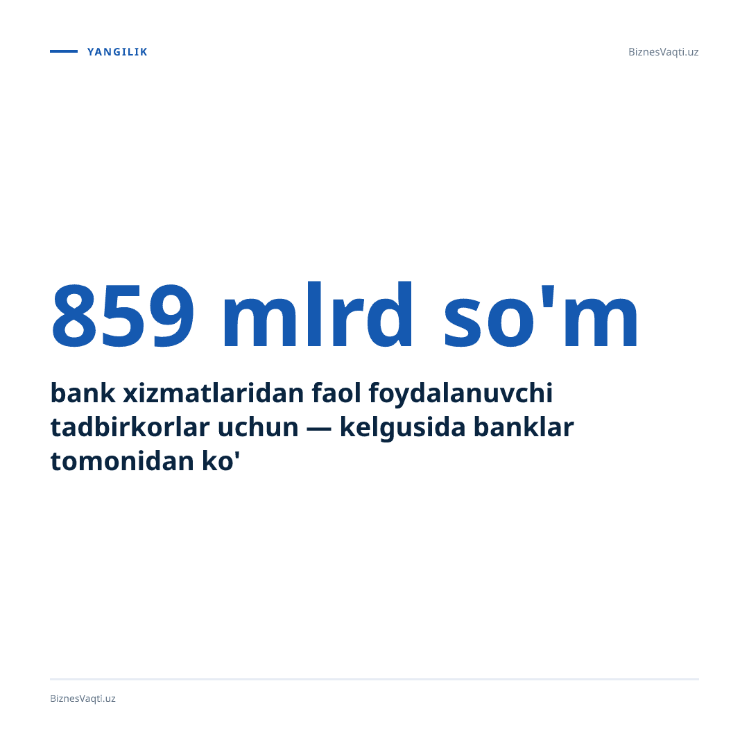 859 mlrd so'm — Iqtisodiyot va moliya vazirligi qoshidagi institutning hisob-kitobiga ko'ra, banklar uchun foyda solig'ini 20% dan 15% gacha tushirish budjetga shuncha miqdorda ta'sir ko'rsatishi kutilmoqda.