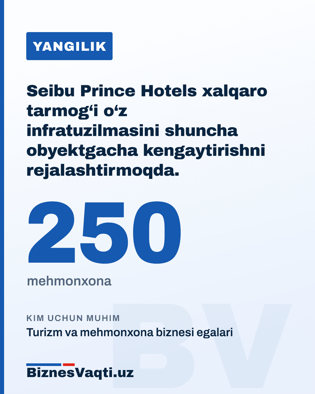 250 ta mehmonxona — Seibu Prince Hotels xalqaro tarmog‘i o‘z infratuzilmasini shuncha obyektgacha kengaytirishni rejalashtirmoqda.
