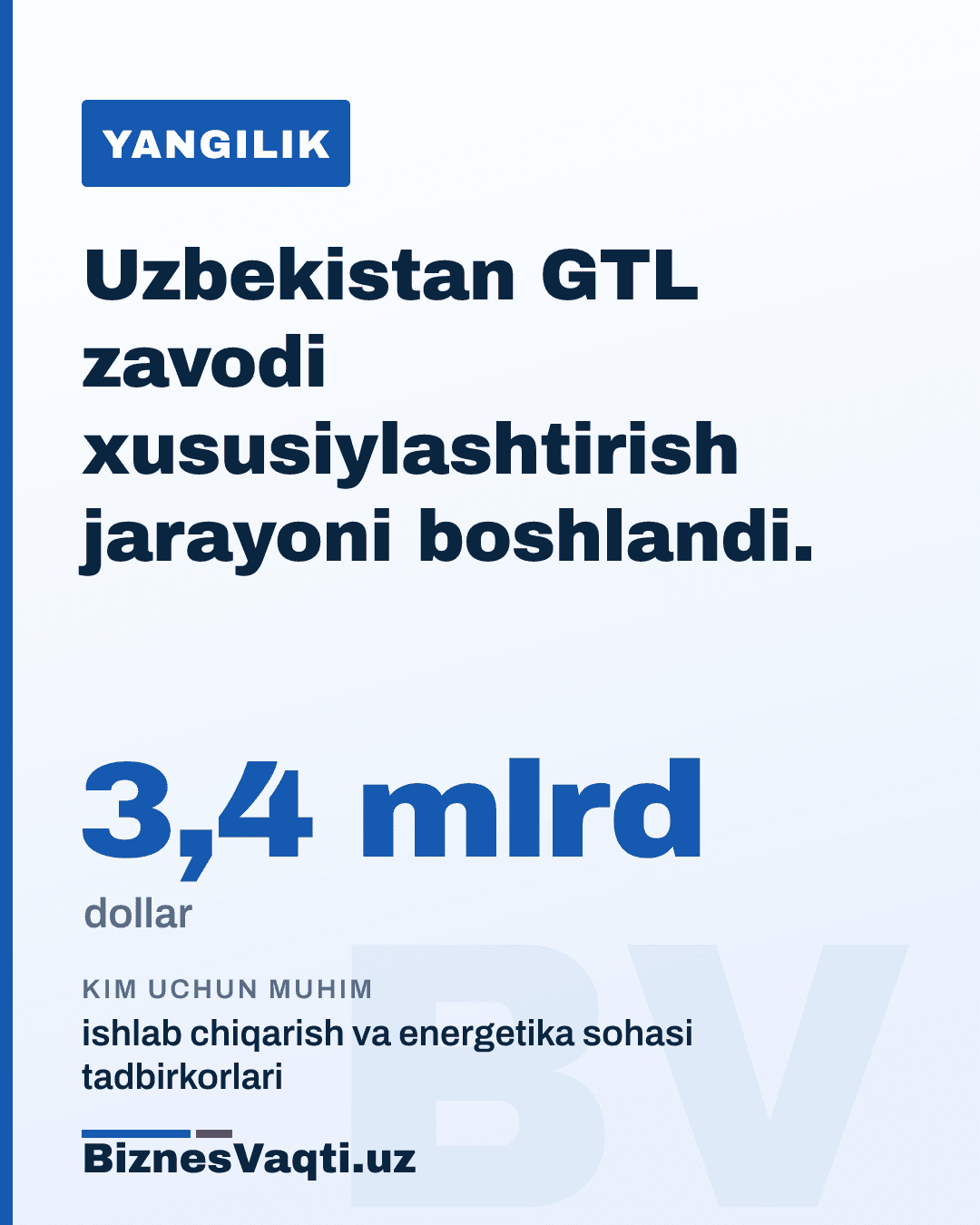3,4 mlrd dollar — Uzbekistan GTL zavodi xususiylashtirish jarayoni boshlandi.