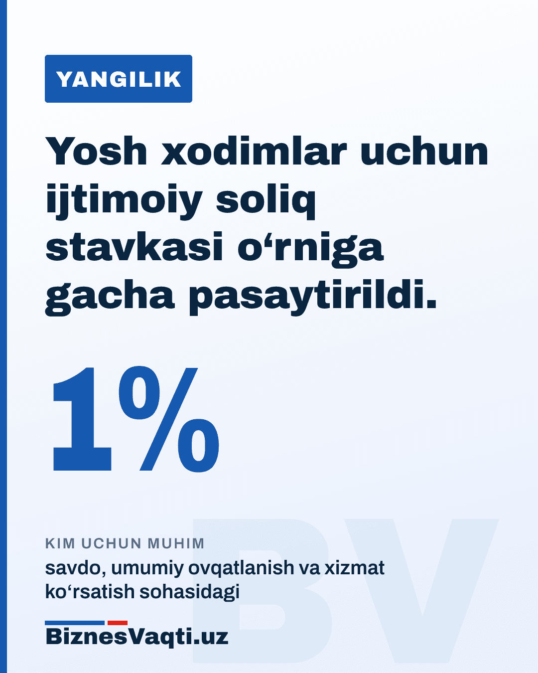 1% — yosh xodimlar uchun ijtimoiy soliq stavkasi 12% o‘rniga 1% gacha pasaytirildi.