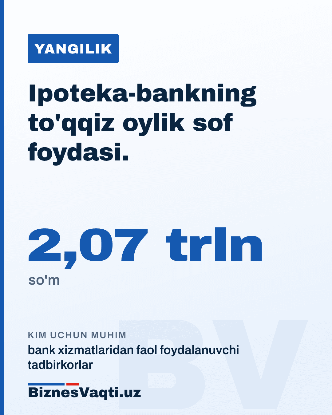 2,07 trln so'm — Ipoteka-bankning 2026-yil to'qqiz oylik sof foydasi.