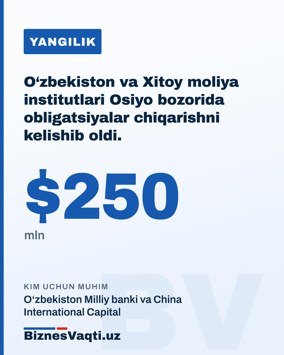 $250 mln — O‘zbekiston va Xitoy moliya institutlari Osiyo bozorida obligatsiyalar chiqarishni kelishib oldi.
