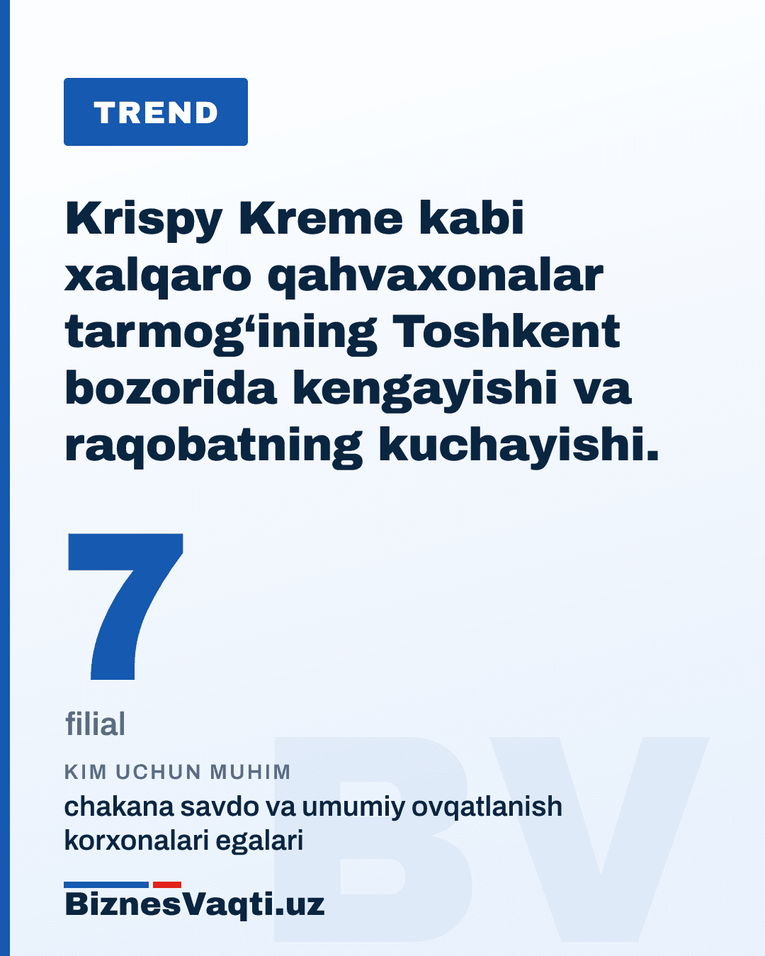 7 ta filial — Krispy Kreme kabi xalqaro qahvaxonalar tarmog‘ining Toshkent bozorida kengayishi va raqobatning kuchayishi.