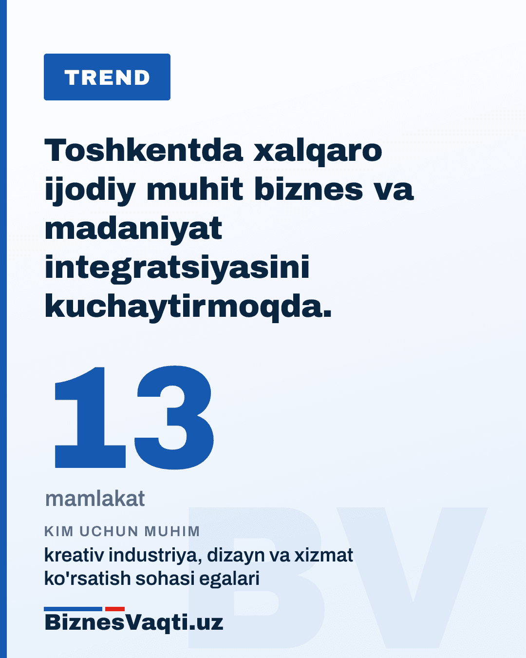13 mamlakat — Toshkentda xalqaro ijodiy muhit biznes va madaniyat integratsiyasini kuchaytirmoqda.