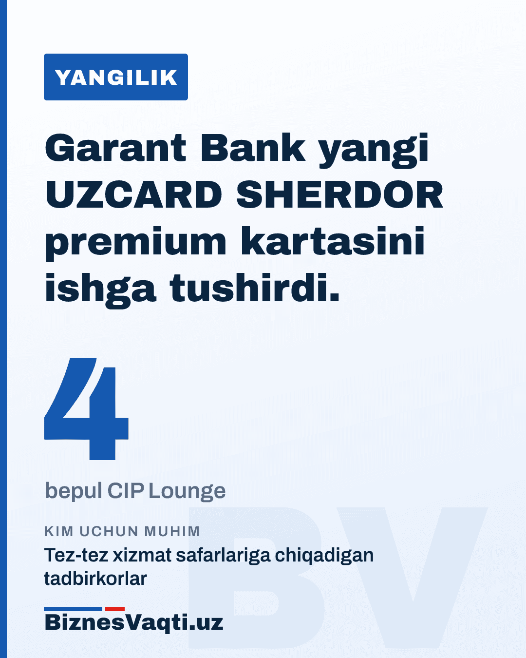 4 ta bepul CIP Lounge — Garant Bank yangi UZCARD SHERDOR premium kartasini ishga tushirdi.