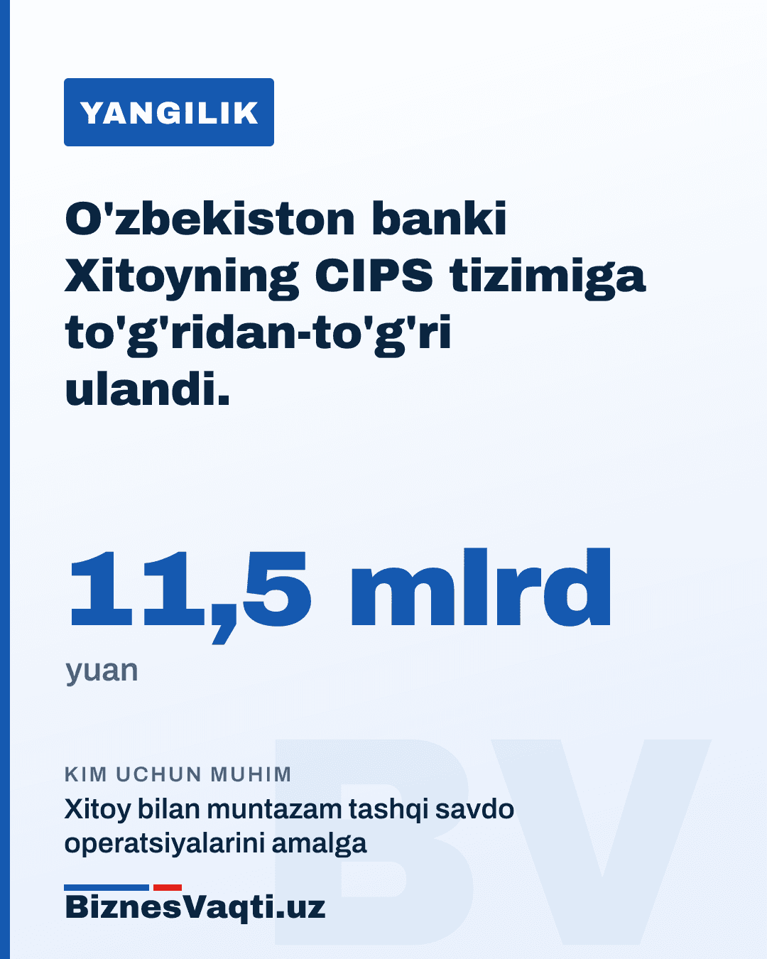 11,5 milliard yuan — O'zbekiston banki Xitoyning CIPS tizimiga to'g'ridan-to'g'ri ulandi.
