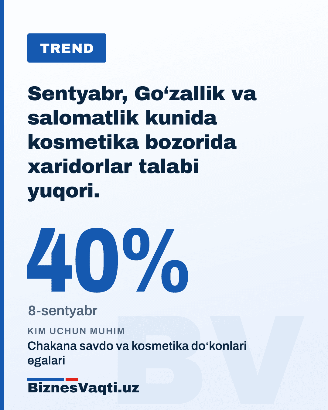 40% — 8-sentyabr, Go‘zallik va salomatlik kunida kosmetika bozorida xaridorlar talabi yuqori.