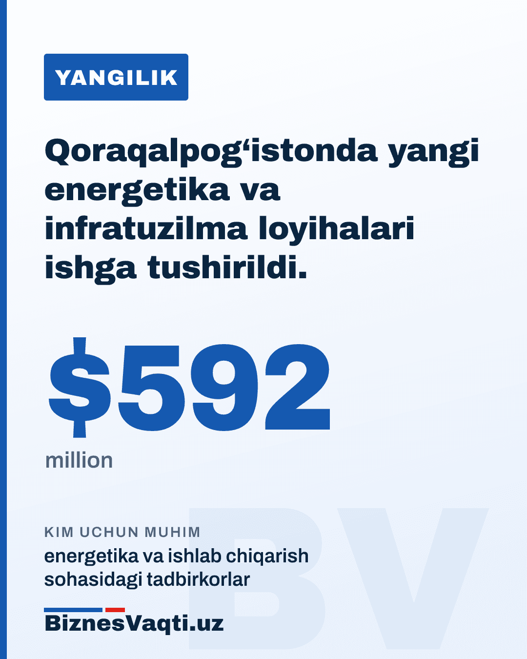 $592 million — Qoraqalpog‘istonda yangi energetika va infratuzilma loyihalari ishga tushirildi.