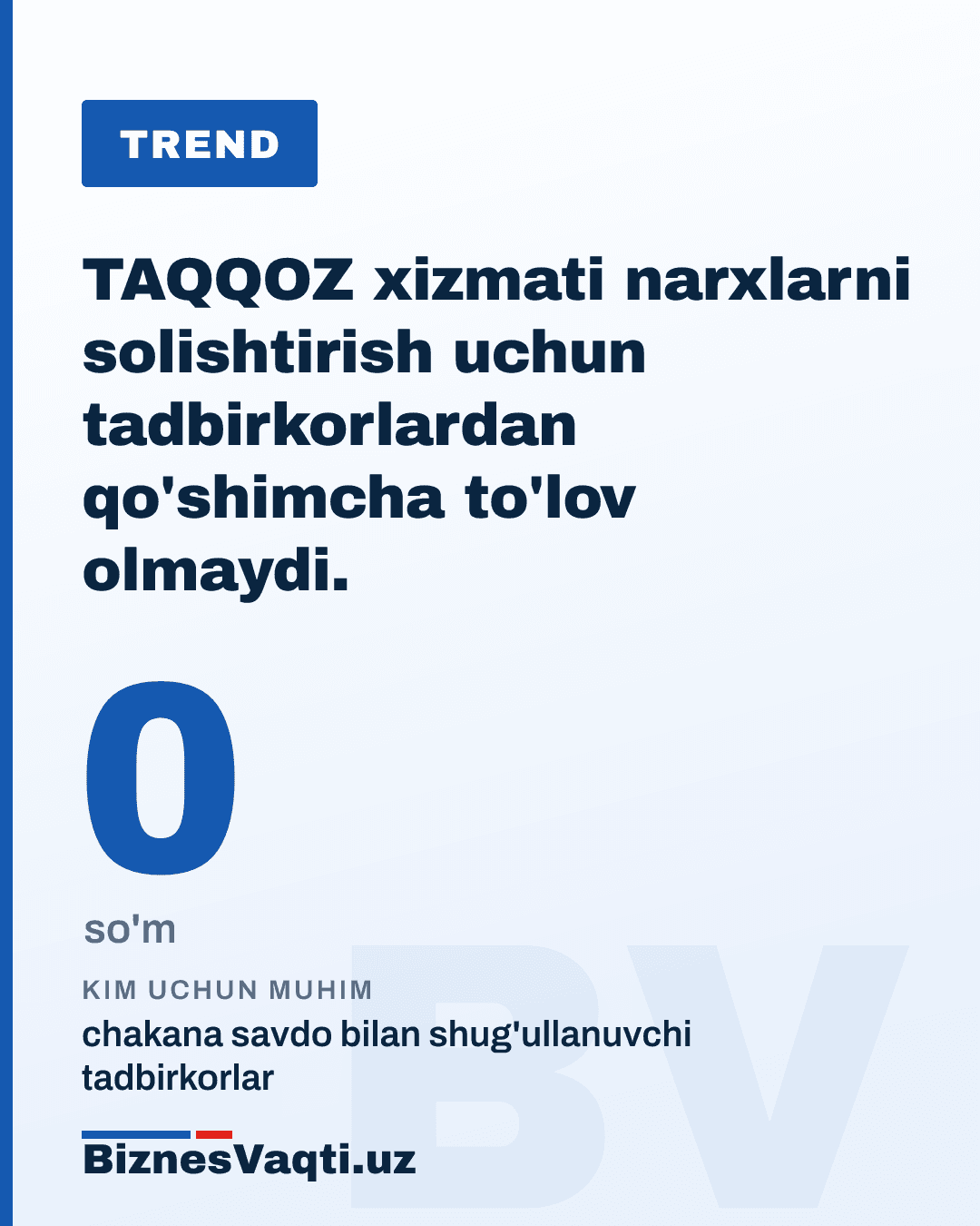 0 so'm — TAQQOZ xizmati narxlarni solishtirish uchun tadbirkorlardan qo'shimcha to'lov olmaydi.