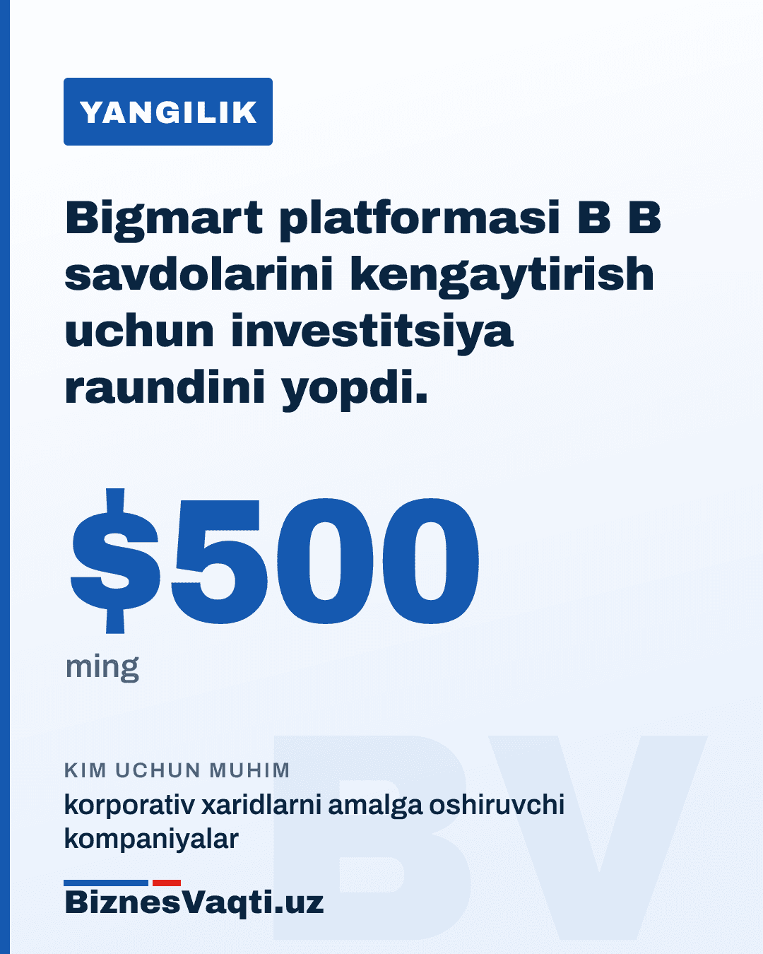 $500 ming — Bigmart platformasi B2B savdolarini kengaytirish uchun investitsiya raundini yopdi.