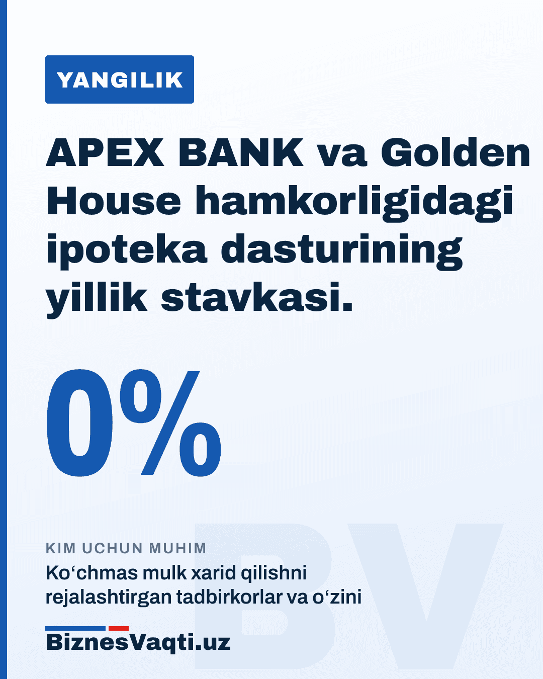 0% — APEX BANK va Golden House hamkorligidagi ipoteka dasturining yillik stavkasi.